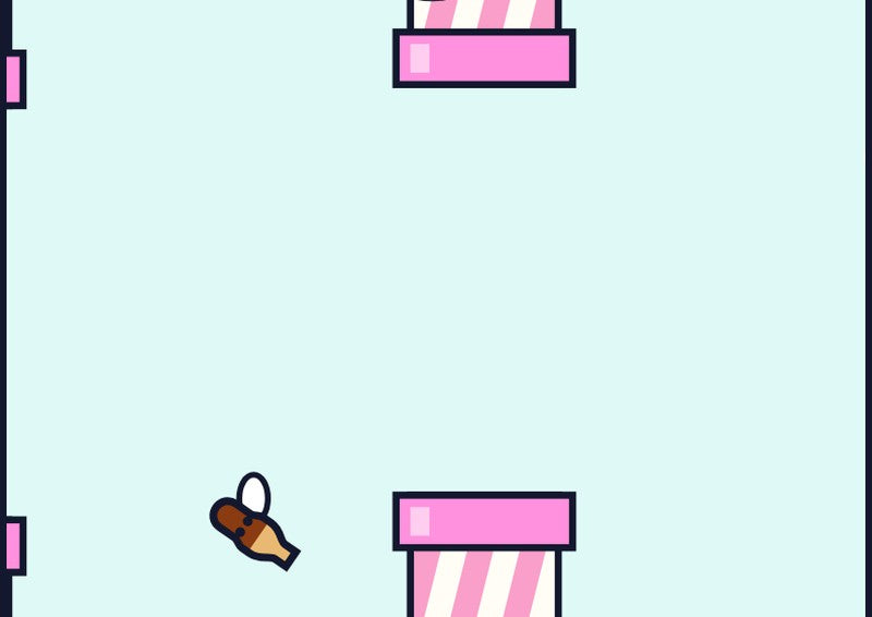 Sugar Rush: a cola bottle flying between candy pillars